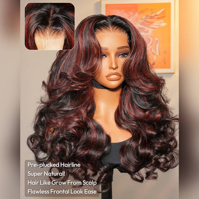 Junoda Cherry Cola Red Wig Pre-Everything Glueless Wig Highlight Layered Cut Customized Wave Human Hair Wig junoda