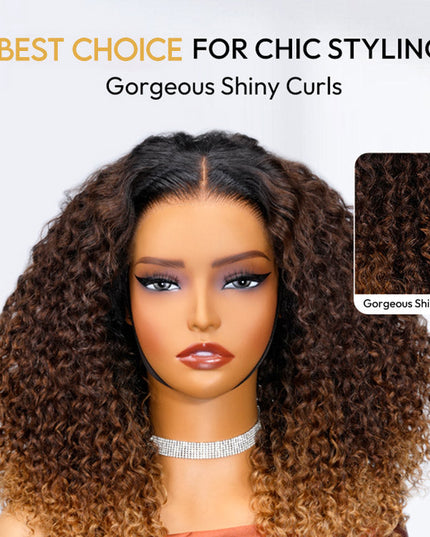 Ombre Brown And Honey Brown Jerry Curly Wig Ready To Go 7x4 Lace Frontal Wig Human Hair junoda