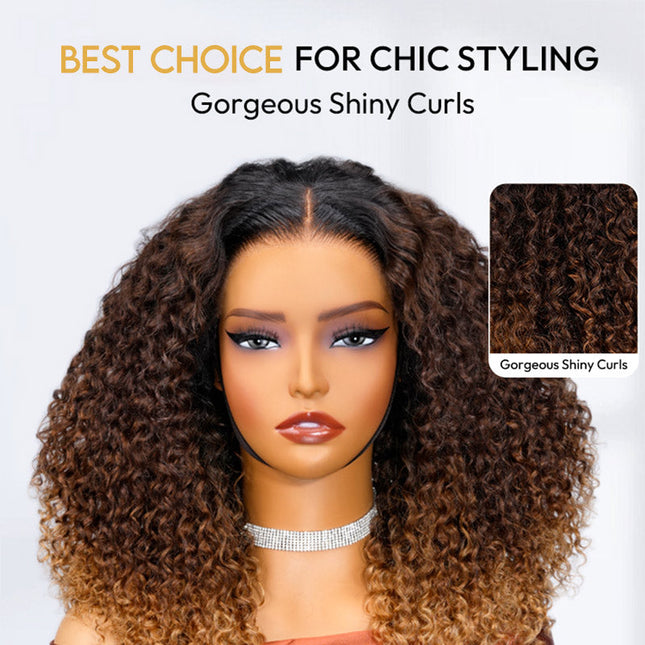 Ombre Brown And Honey Brown Jerry Curly Wig Ready To Go 7x4 Lace Frontal Wig Human Hair junoda