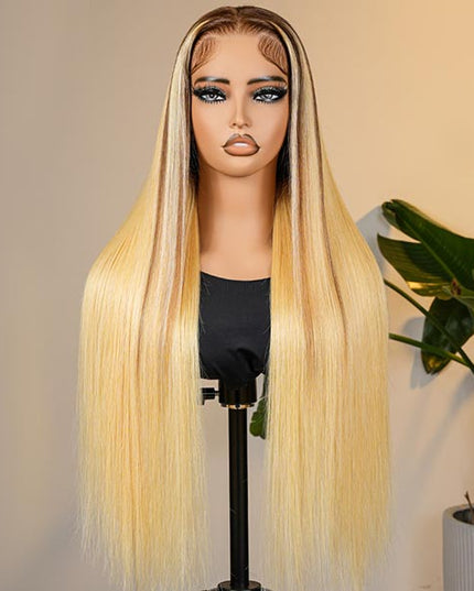 Honey Blonde Ombre Wig Super Invisible Lace Wig Straight Human Hair With Dark Roots junoda