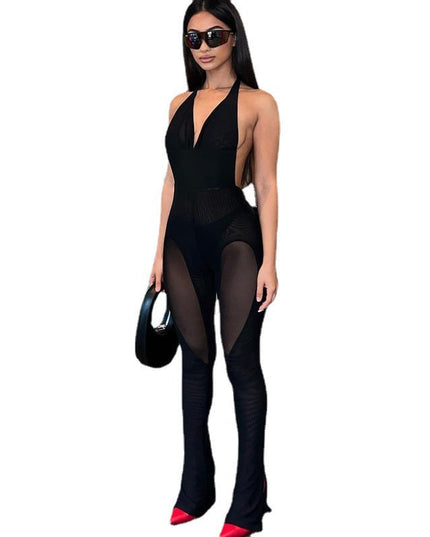 Solid V-neck Mesh Splice Bodysuit