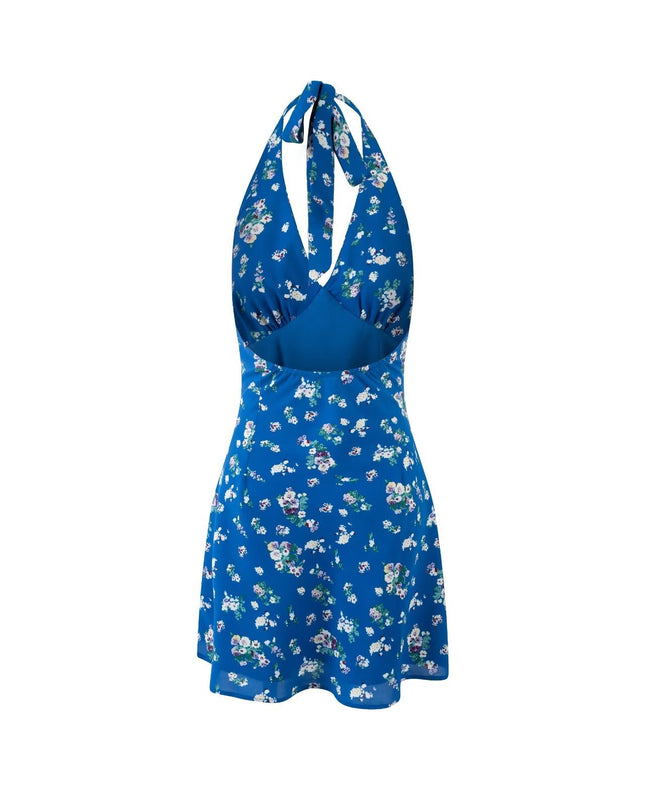Spring Vacation Lace up Halter Women Waist Slimming Floral Dress
