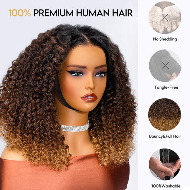 Ombre Brown And Honey Brown Jerry Curly Wig Ready To Go 7x4 Lace Frontal Wig Human Hair junoda