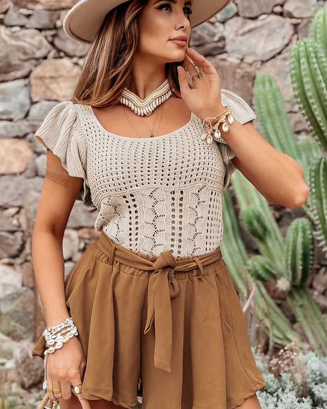 Beige Pointelle Knit Flutter Sleeve Sweater