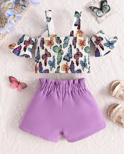 Girl's butterfly print crop top and ruffle shorts set, adorable summer outfit with bowknot detail.