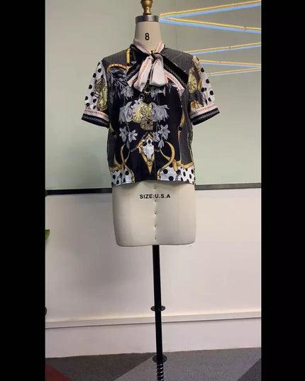 Printed chain shirt bow puff sleeve See size chart under “more details”