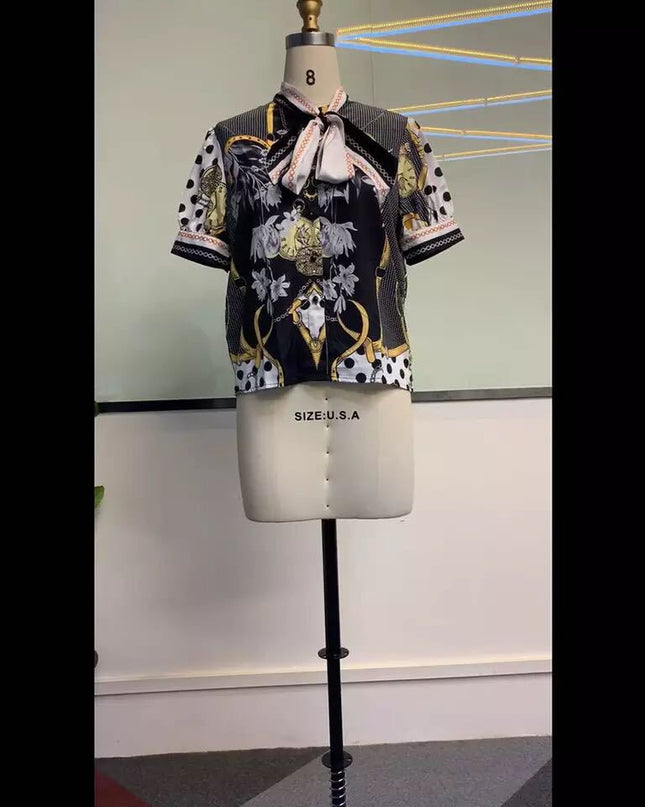 Printed chain shirt bow puff sleeve See size chart under “more details”