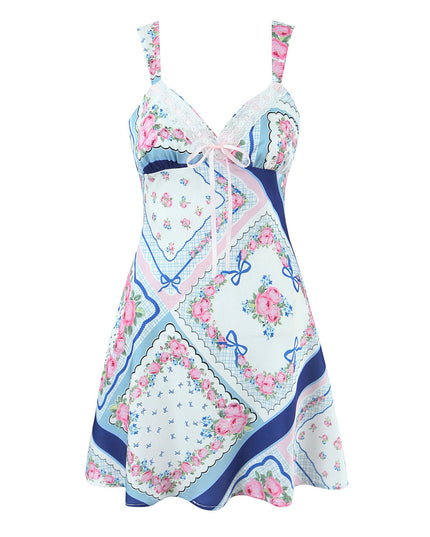 French Romantic Printed Satin Mini Strap Dress Women Bow A line Dress