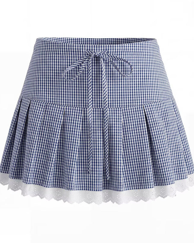 Women Elegant Blue White Fine Plaid Shirt Top Skirt Set