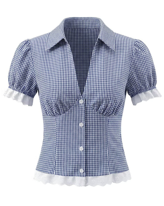 Women Elegant Blue White Fine Plaid Shirt Top Skirt Set