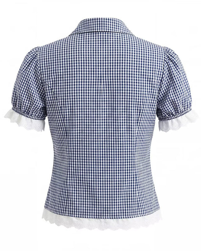 Women Elegant Blue White Fine Plaid Shirt Top Skirt Set