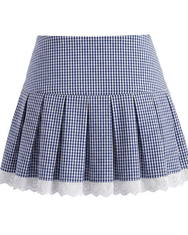 Women Elegant Blue White Fine Plaid Shirt Top Skirt Set