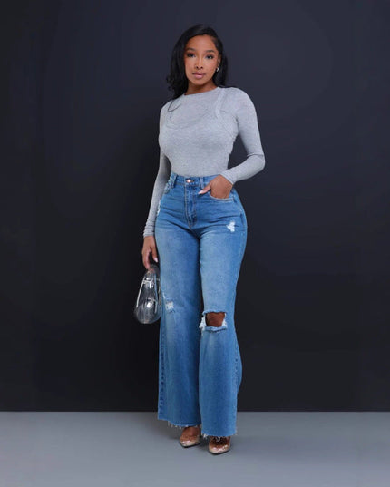 Women's Ripped High Waist Loose Straight Wide Leg Jeans