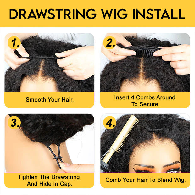 Highlight Brown Water Wave Drawstring Wig Invisible Hairline Drawstrings Wig junoda