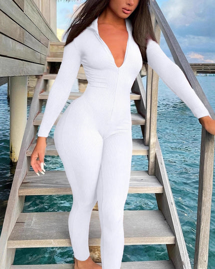 Casual Ribbed Zip-up Jumpsuit Long Sleeves