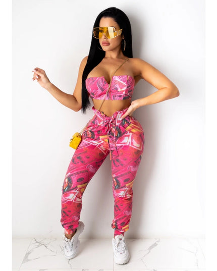 "Money Money Money" USA $100 Bill Pink Cropped Top & Pants Set