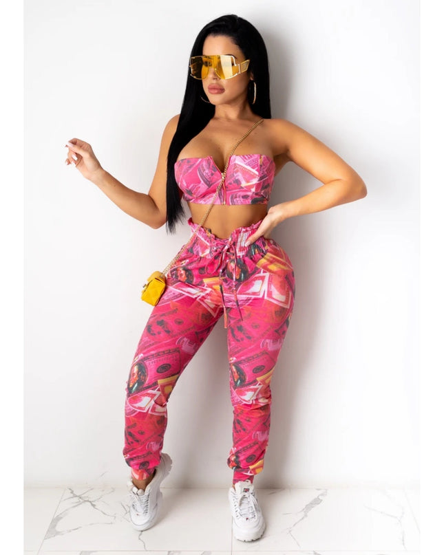 "Money Money Money" USA $100 Bill Pink Cropped Top & Pants Set