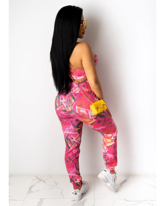 "Money Money Money" USA $100 Bill Pink Cropped Top & Pants Set