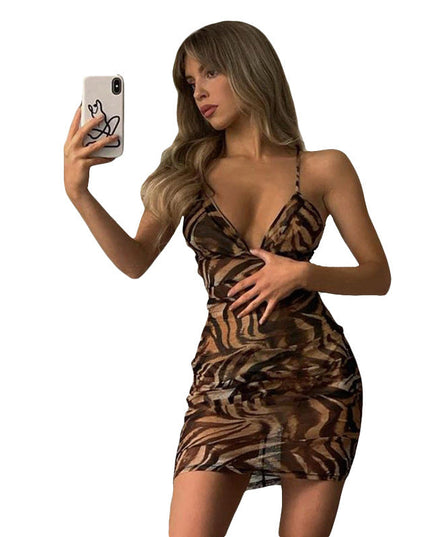 Women s Sling V Neck Fashion Street Style Slim Printed Dress