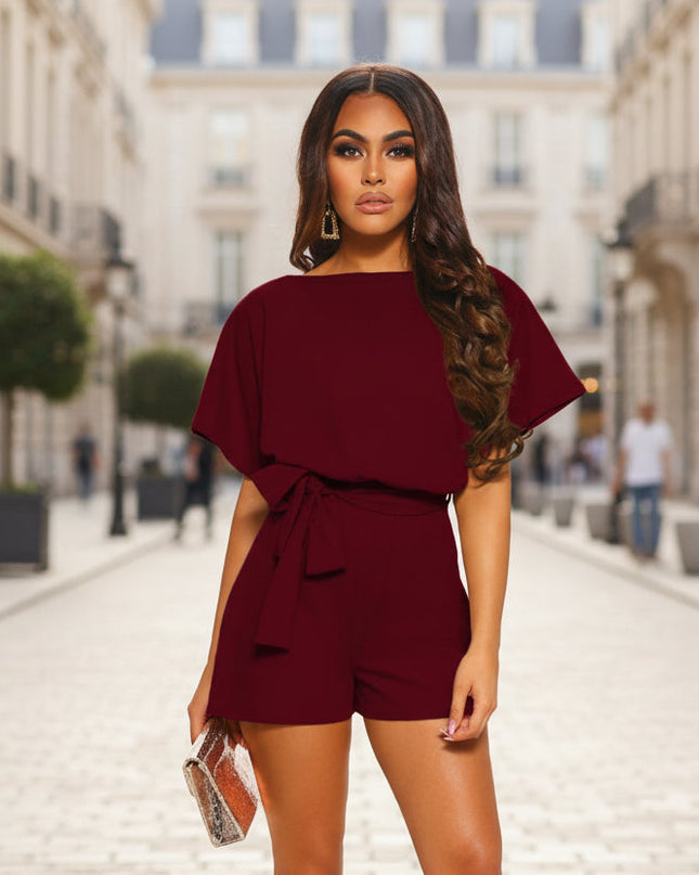 Belted Short Sleeve Silk A-Line Mini Jumpsuit – 4 Colors, S–5XL FitiqueFit