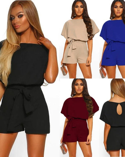 Belted Short Sleeve Silk A-Line Mini Jumpsuit – 4 Colors, S–5XL