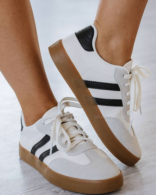 White Striped Lace Up Flat Sneakers For Everyday Comfort