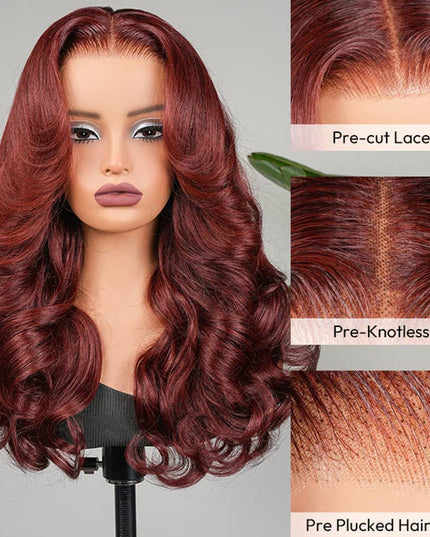 Junoda Cherry Cola Red Wig Pre-Everything Glueless Wig Layered Cut Customized Wave Human Hair Wig junoda