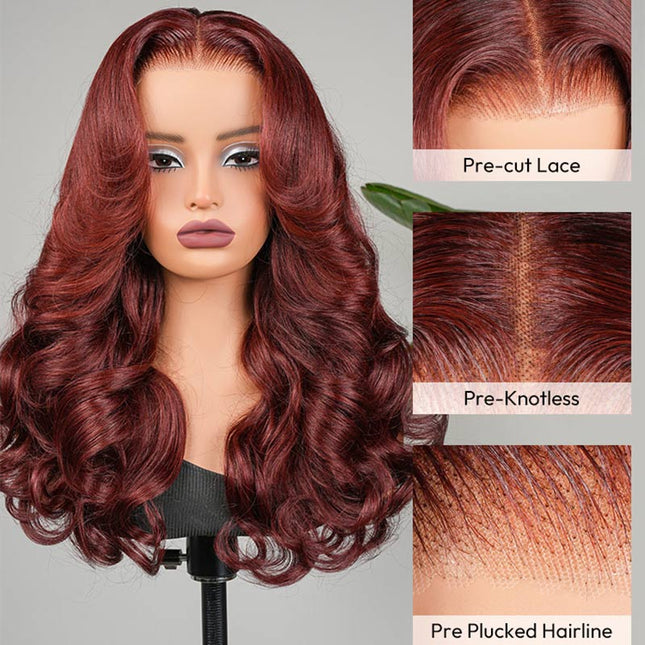 Junoda Cherry Cola Red Wig Pre-Everything Glueless Wig Layered Cut Customized Wave Human Hair Wig junoda