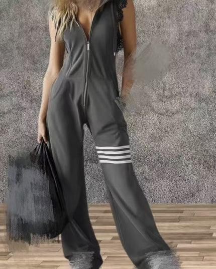 Women's Sporty Retro Lace-Up Striped Sleeveless Hooded Jumpsuit – Wide Flare Leg