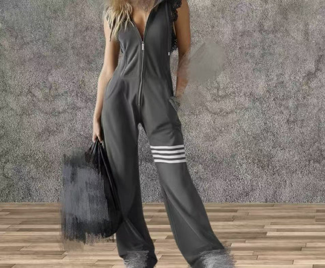 Women's Sporty Retro Lace-Up Striped Sleeveless Hooded Jumpsuit – Wide Flare Leg FitiqueFit