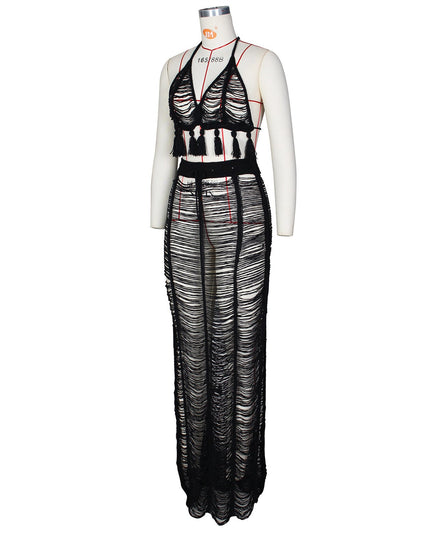 See-through Tassel Knitted Beach Skirt Suit