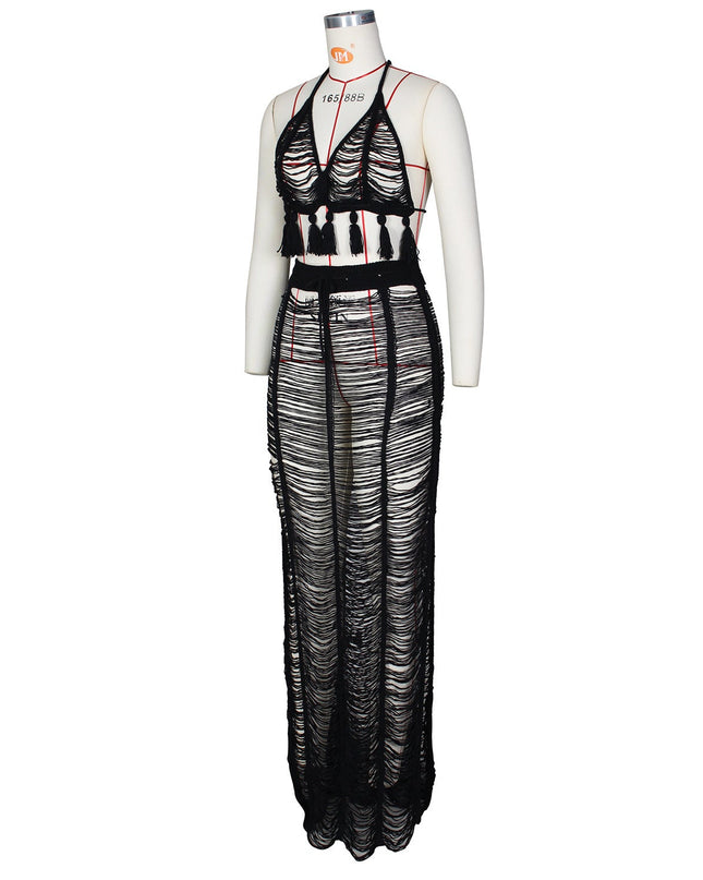 See-through Tassel Knitted Beach Skirt Suit