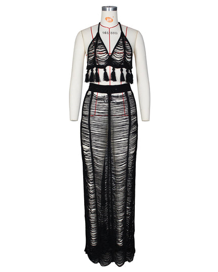 See-through Tassel Knitted Beach Skirt Suit