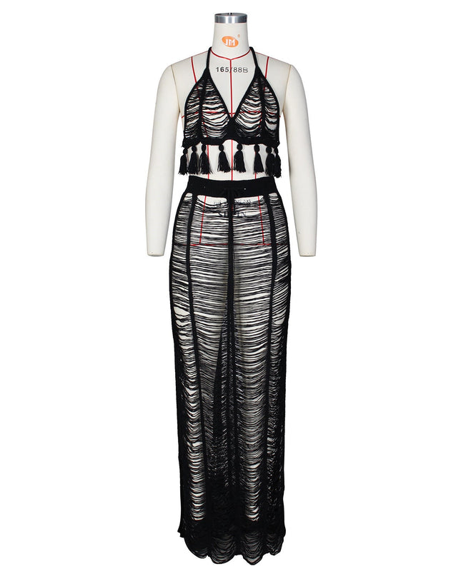 See-through Tassel Knitted Beach Skirt Suit