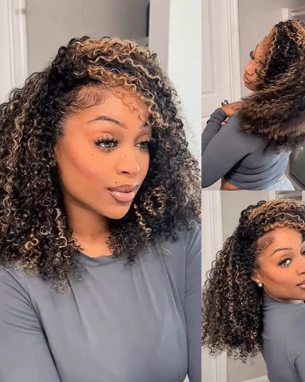 Highlight Brown Kinky Curly Drawstring Wig Draw-strings Flip Over Wig junoda