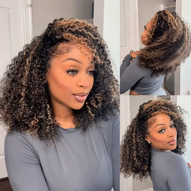 Highlight Brown Kinky Curly Drawstring Wig Draw-strings Flip Over Wig junoda