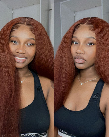 Junoda Reddish Brown Kinky Straight Jerry Curly 13x4 Lace Front Wig Human Hair Flash Sale junoda