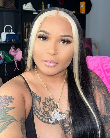 Junoda Skunk Stripe with Highlight Blonde Straight 4x4 13x4 Lace Front Wigs junoda