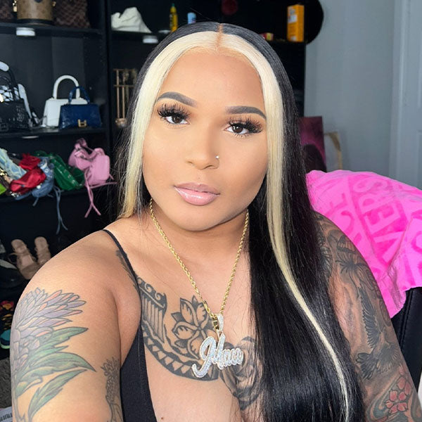 Junoda Skunk Stripe with Highlight Blonde Straight 4x4 13x4 Lace Front Wigs junoda