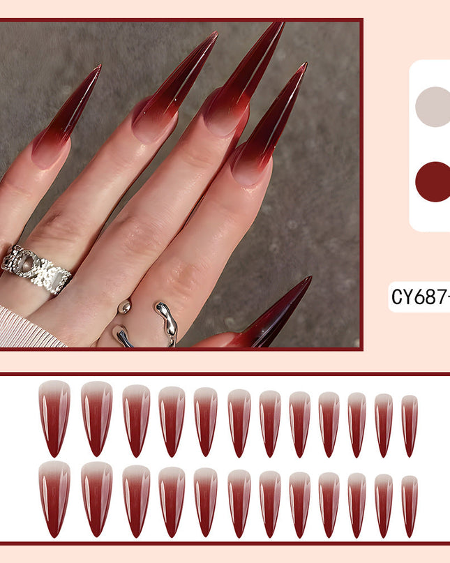Foreign Trade Hot Selling Wearable Nail Sticker Elegant White Drop Shape Wine Red Gradient Fake Nail Patch Nails