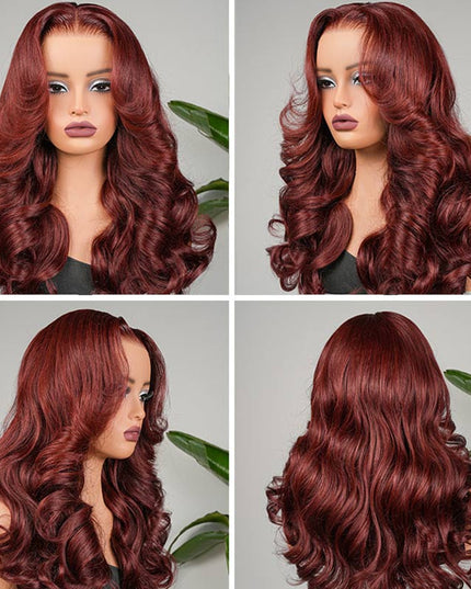 Junoda Cherry Cola Red Wig Pre-Everything Glueless Wig Layered Cut Customized Wave Human Hair Wig junoda