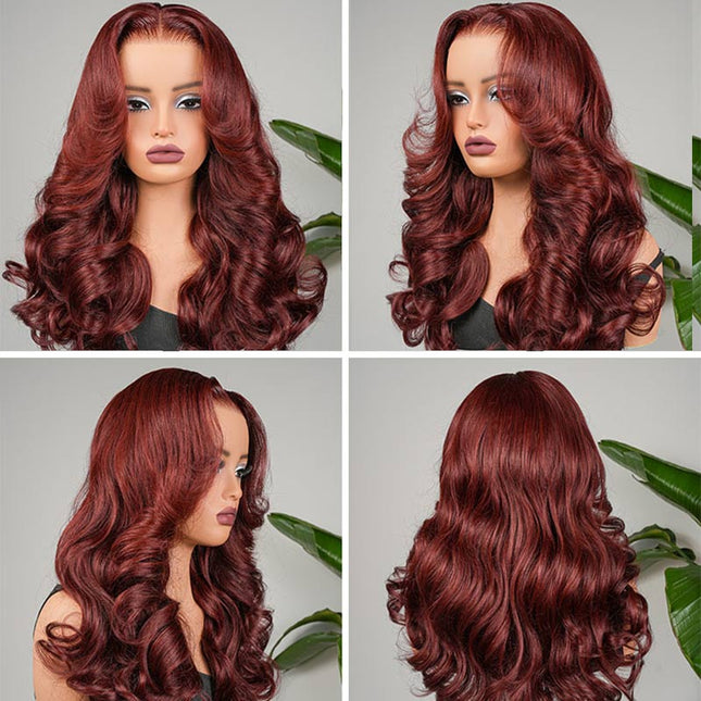 Junoda Cherry Cola Red Wig Pre-Everything Glueless Wig Layered Cut Customized Wave Human Hair Wig junoda