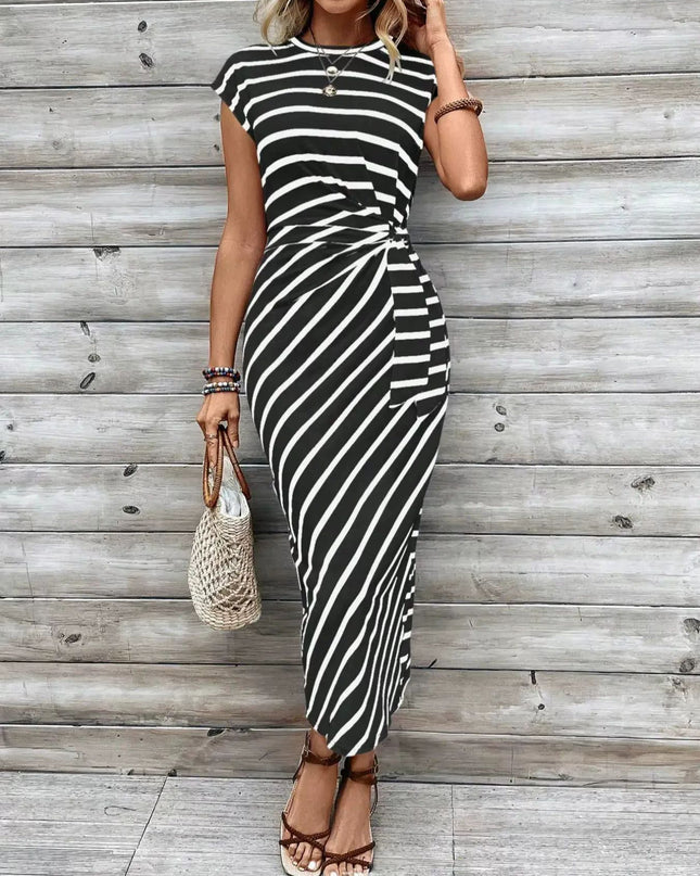 Elegant Waist Strap Striped Round Neck Short Sleeve And Long Pattern Dress