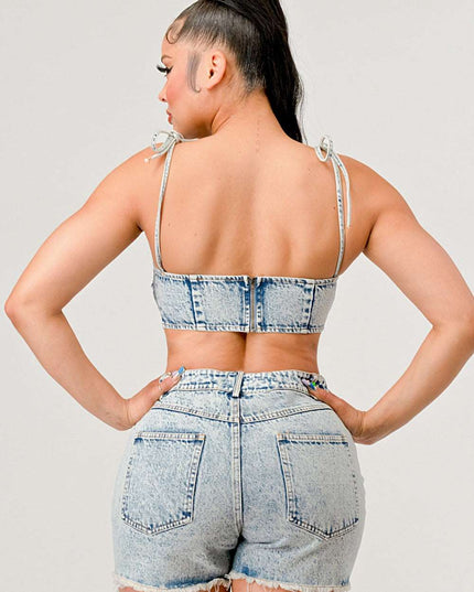 Denim Deconstructed Crop Top and Shorts Set