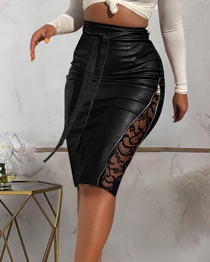 New Sexy Split Lace Stitching Slim-fit Lace Up Leather Skirt
