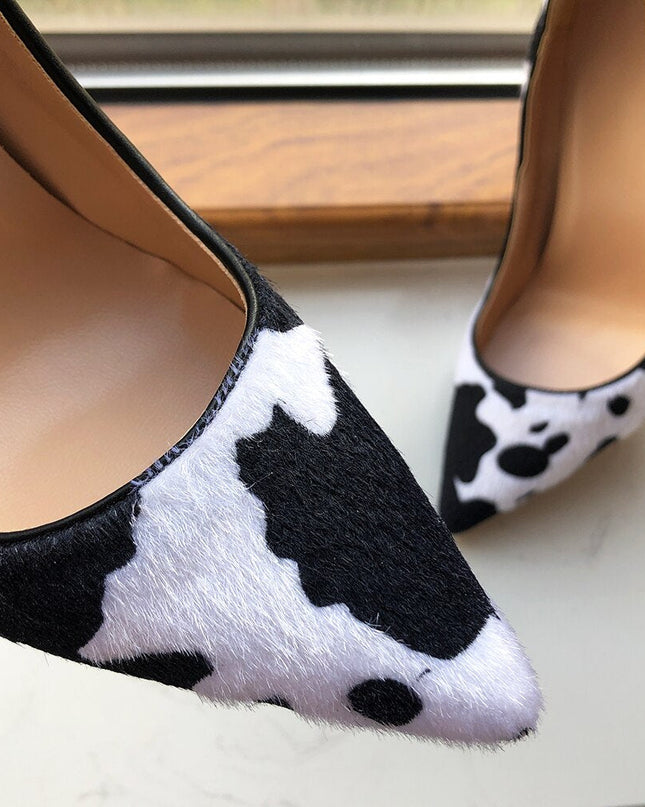 Tikicup Cow Print Women White Hairy Flock Pointy Toe High Heel Shoes Sexy Celebrity Ladies Slip On Stiletto Pumps for Party