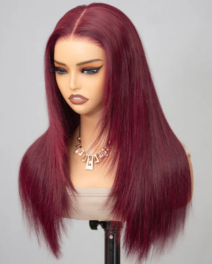 Layered Cut Straight Wig 99j Glueless Lace Human Hair Wig Salone Quality junoda