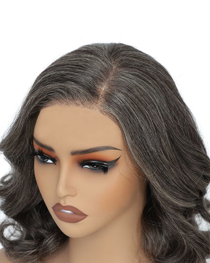 Junoda Silver Grey Salt and Pepper Loose Body Wave Bob Wig Blunt Cut Short Bob Human Hair Pre Cut Lace Wigs junoda