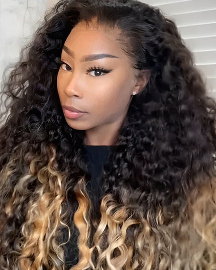 Luxury Customized Ombre Honey Blonde Human Hair Wigs Glueless Deep Wave Transparent Lace Front Wig junoda