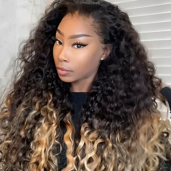 Luxury Customized Ombre Honey Blonde Human Hair Wigs Glueless Deep Wave Transparent Lace Front Wig junoda